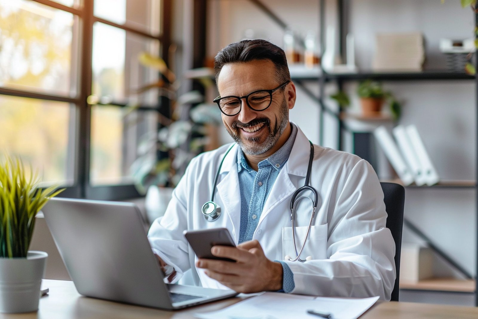 Médica com tablet controlando seus resultados